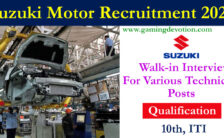 Suzuki Motor Recruitment 2022 – Technician Posts for Various Vacancies | Walk-in-Interview